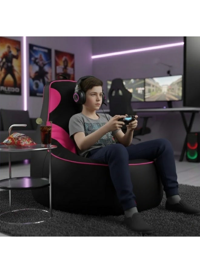 VELMORE Gaming Bean Bag Chair Cover ONLY – NO FILLING / WITHOUT BEANS | High-Back Quilted Seat, Side Pockets, Headphone Hanger & Water-Repellent Fabric - Pink - Image 2